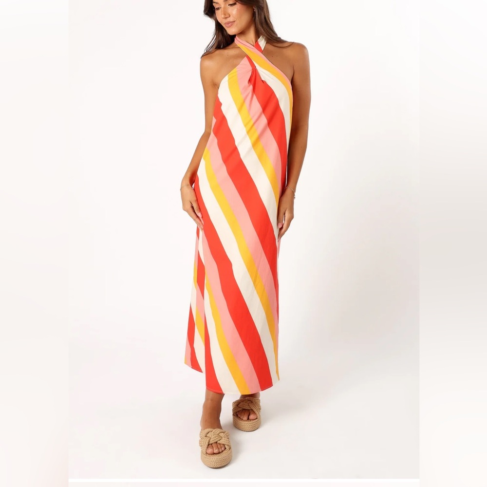 RN WY Vibrant Striped Maxi Halter Dress